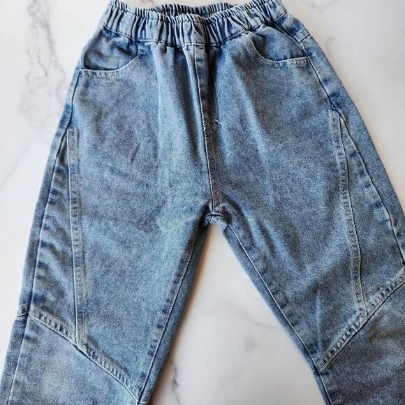 Boys size 8 blue jean down pull on retro 90s style tapered leg textured - Picture 1 of 5